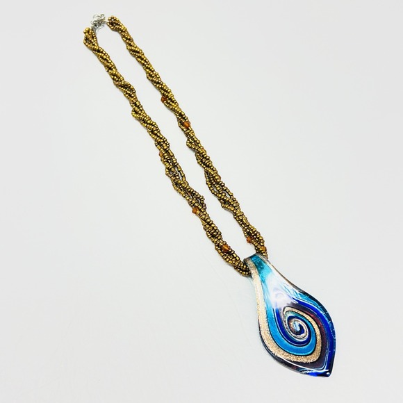 Jewelry - Art Glass Swirl Pendant Necklace Blue Gold Teardrop Beaded Braided Strand